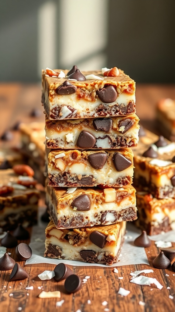 A stack of vegan 7 layer bars with chocolate, coconut, and nuts on a wooden table.